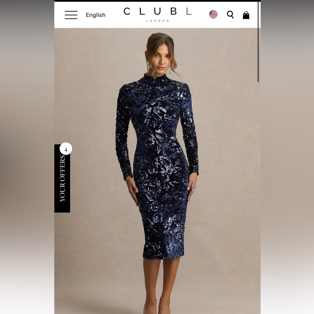 Navy Velvet And Sequin Embellished High-Neck Midi Dress With Long Sleeves